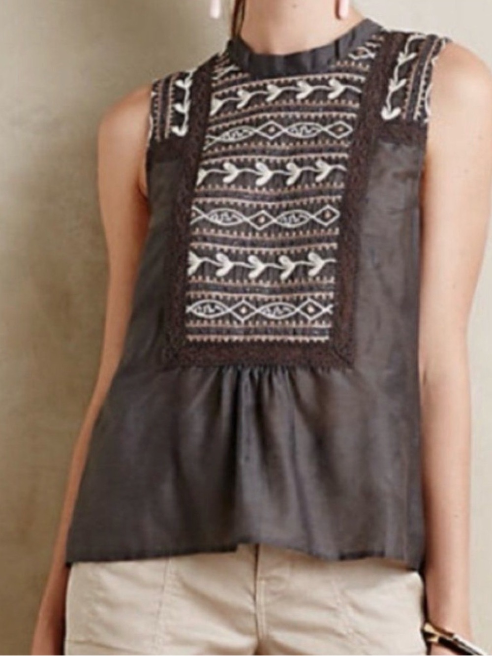 Tiny by Anthropologie Gray Embroidered Sleeveless Top